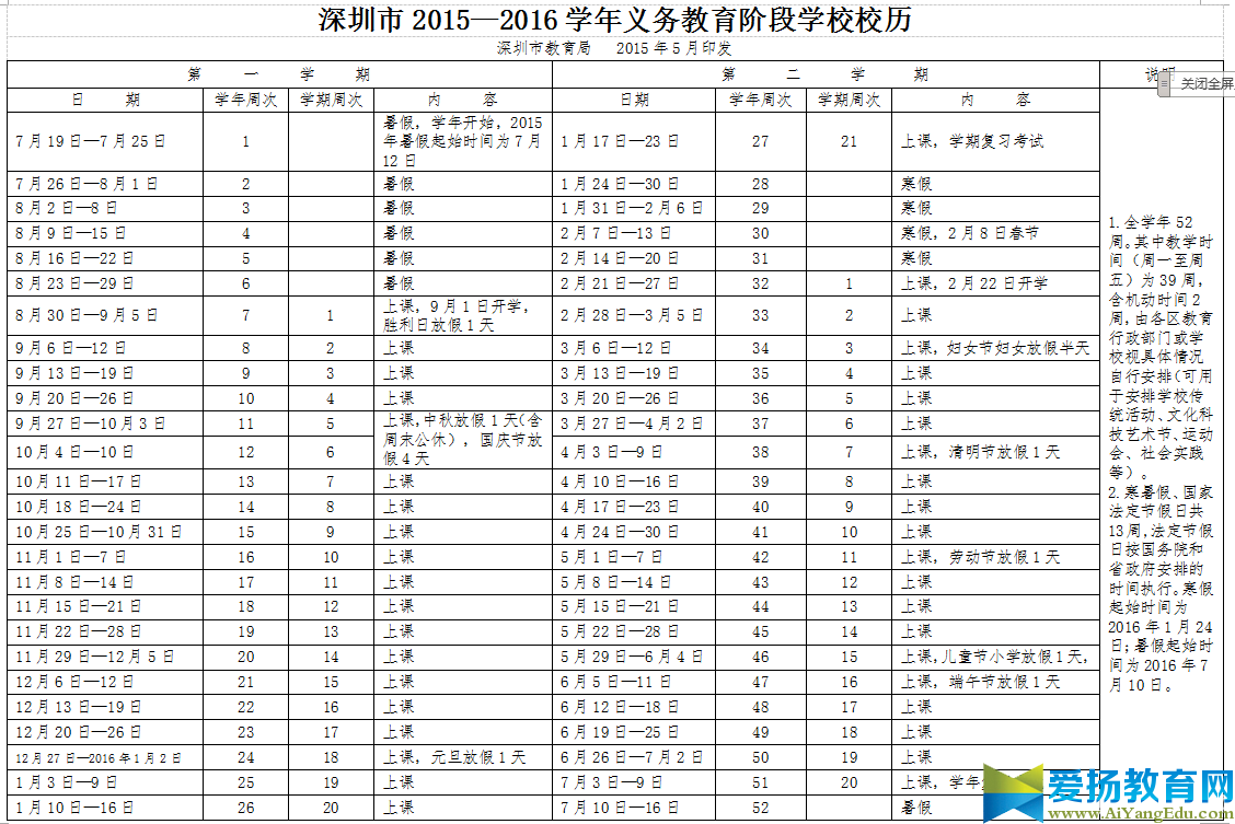 深圳中小学2016暑假放假时间表