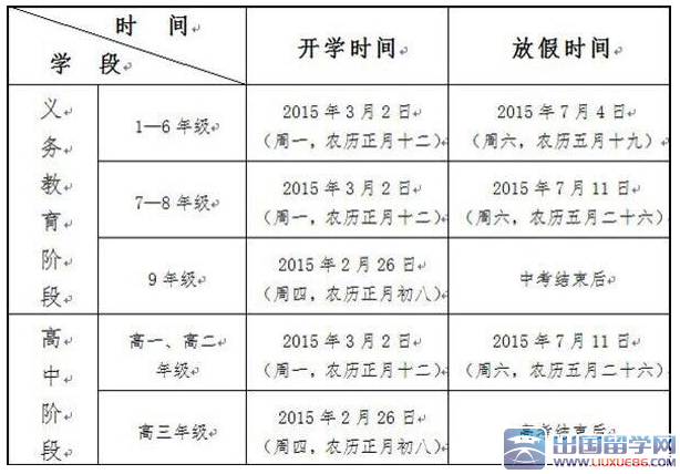 2015中小学暑假放假时间