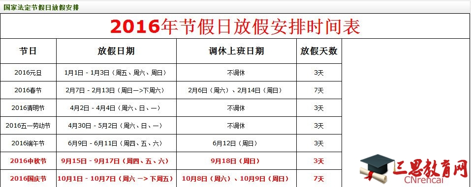 2016年中秋节、国庆节放假通知【附图表】